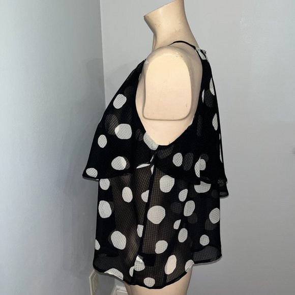 Black and White Pokka Dot Sheer Chiffon Keyhole Flowy Top - Picture 4 of 5